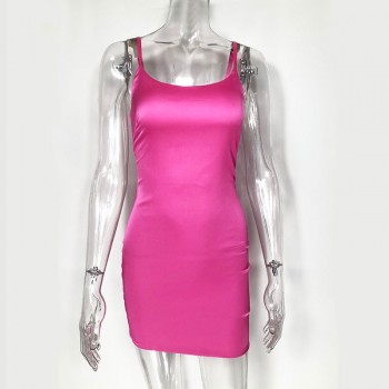 Colysmo Stretch Satin Mini Dress Women Sexy Straps Slim Fit Bodycon Party Dress Neon Green Pink Dress Dual-layered